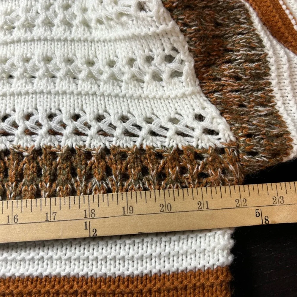 Womens Striped Open‎ Knit Sweater Boho Rust Brown White Size S Small 0502